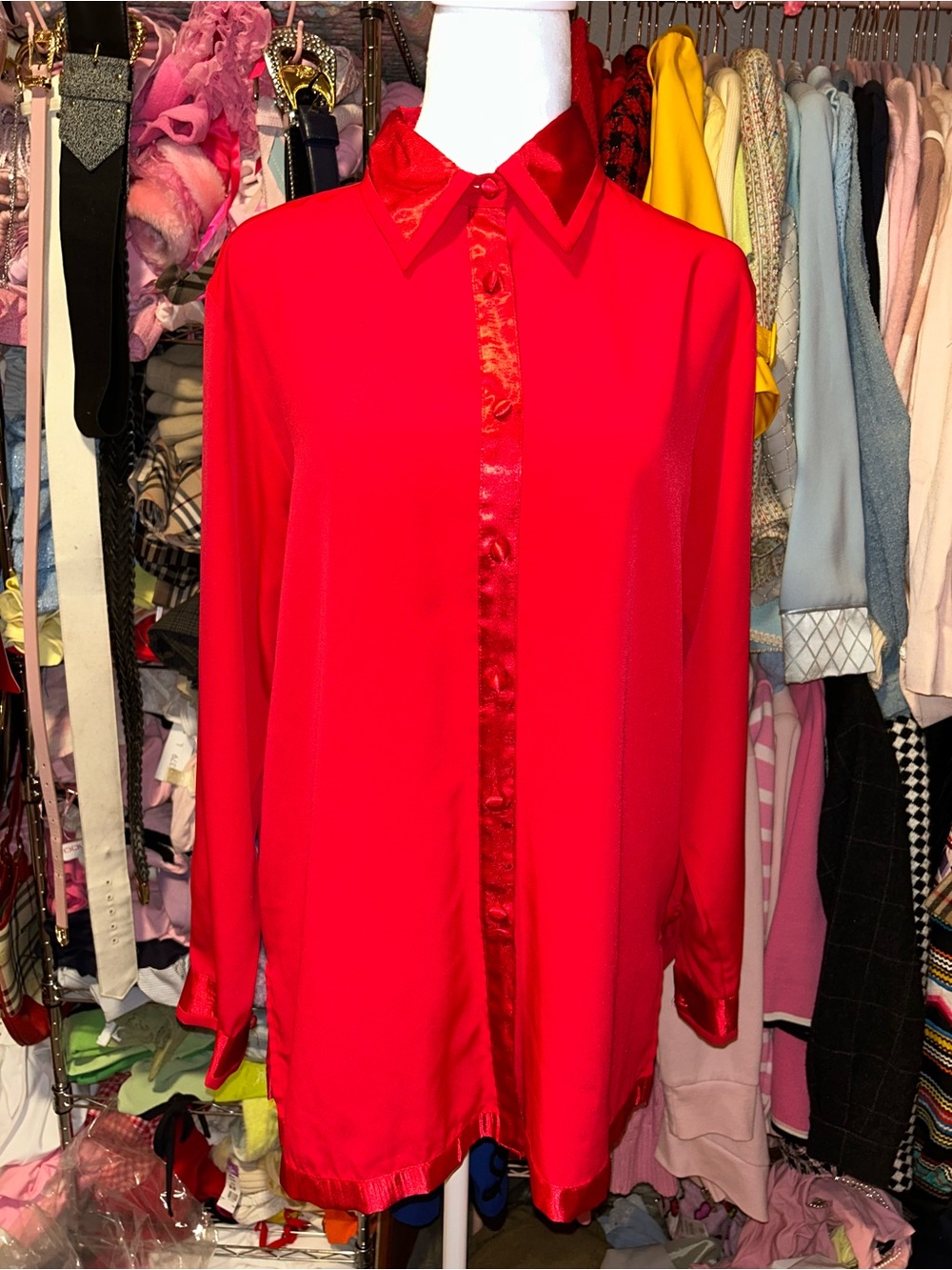 Yves St. Clair Vibrant Red Satin-Trim Button Down Shirt